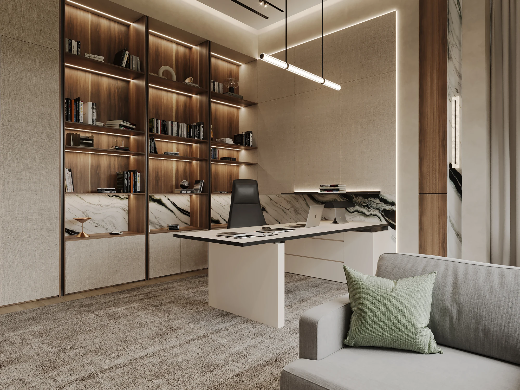 Home office with illuminated timber bookshelves, marble detailing and a pale desk