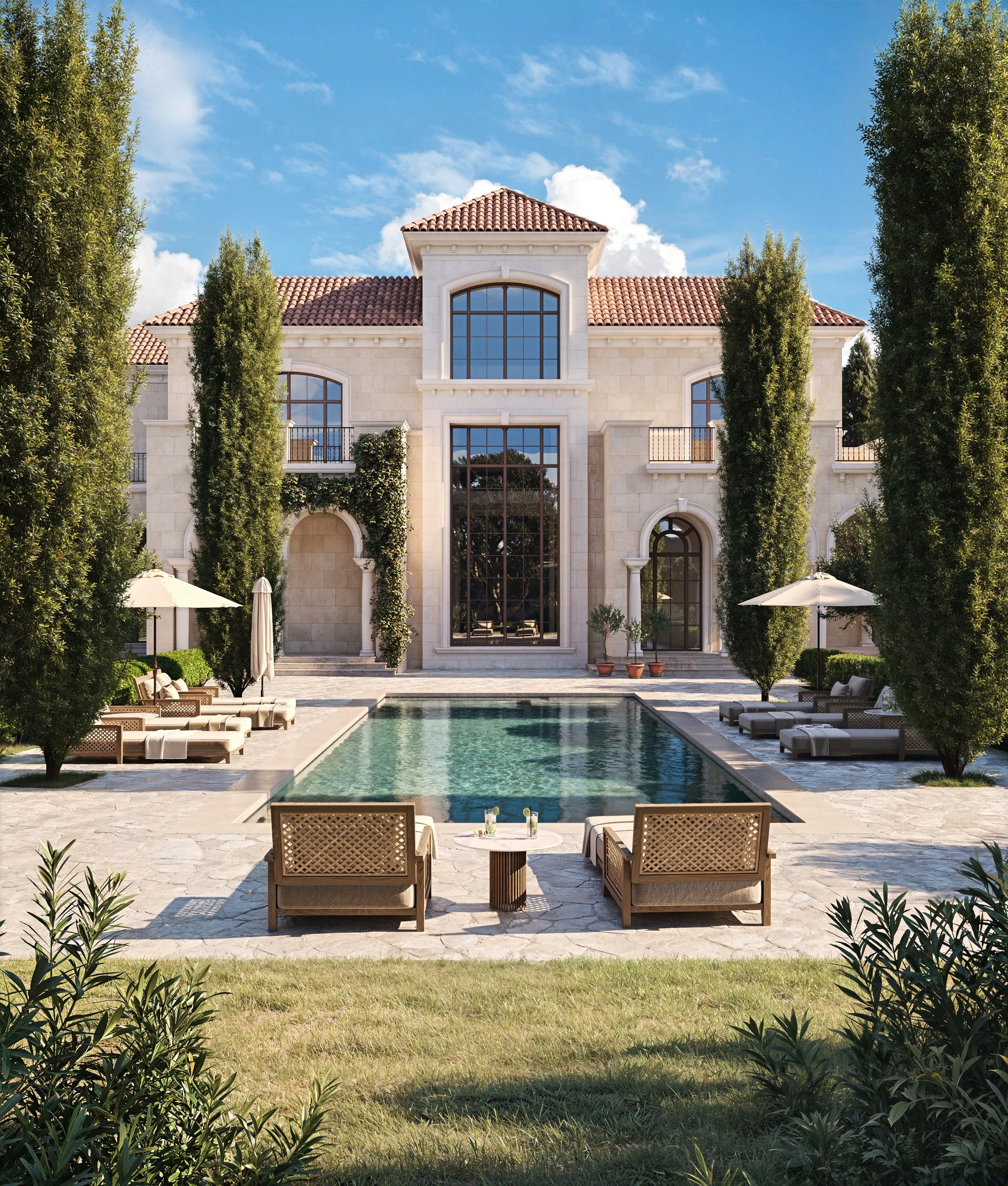 Italian-style villa with a tiled roof, cypress trees and a central swimming pool