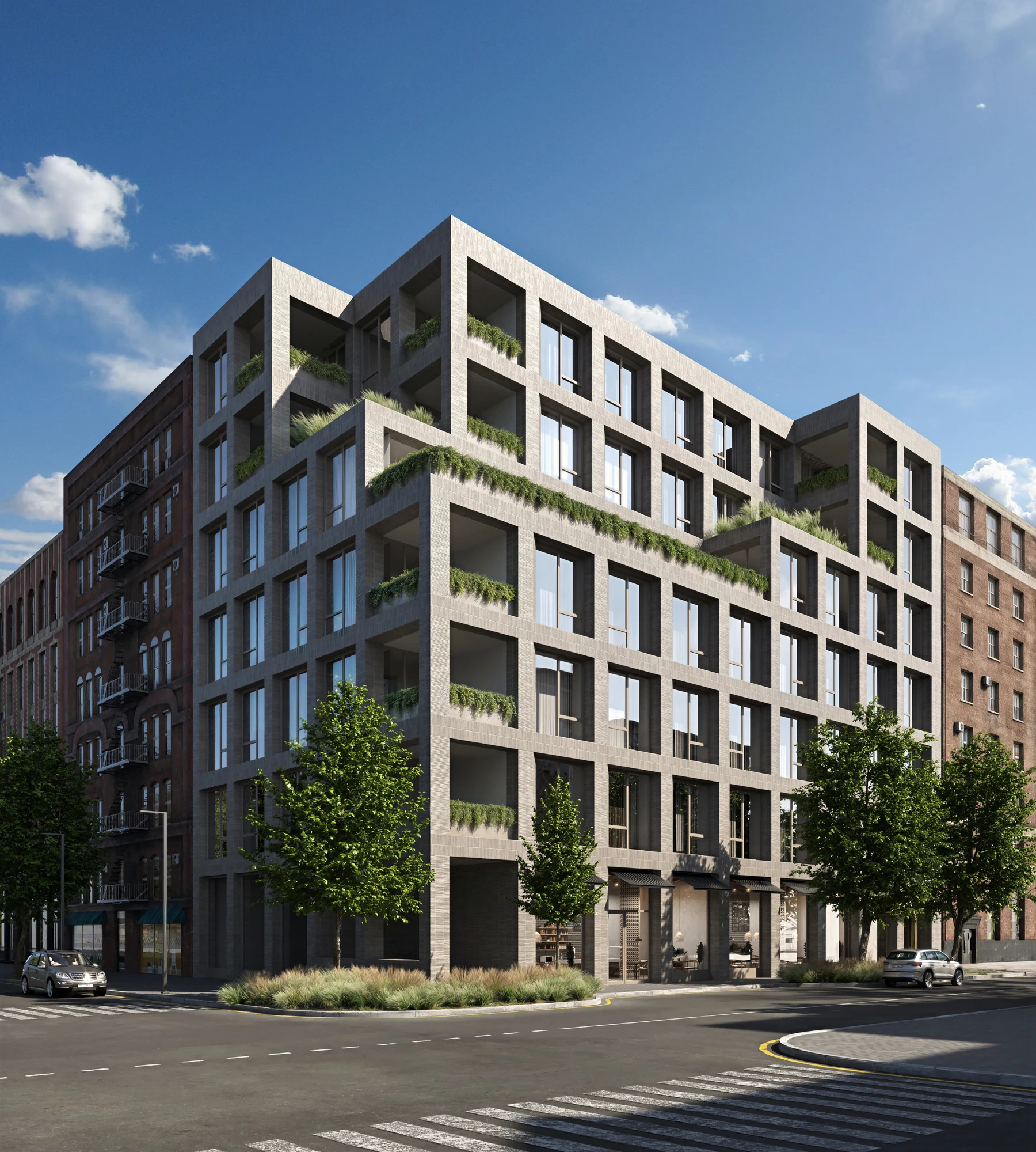 Corner view of a mid-rise residential building with recessed balconies and greenery along the facade