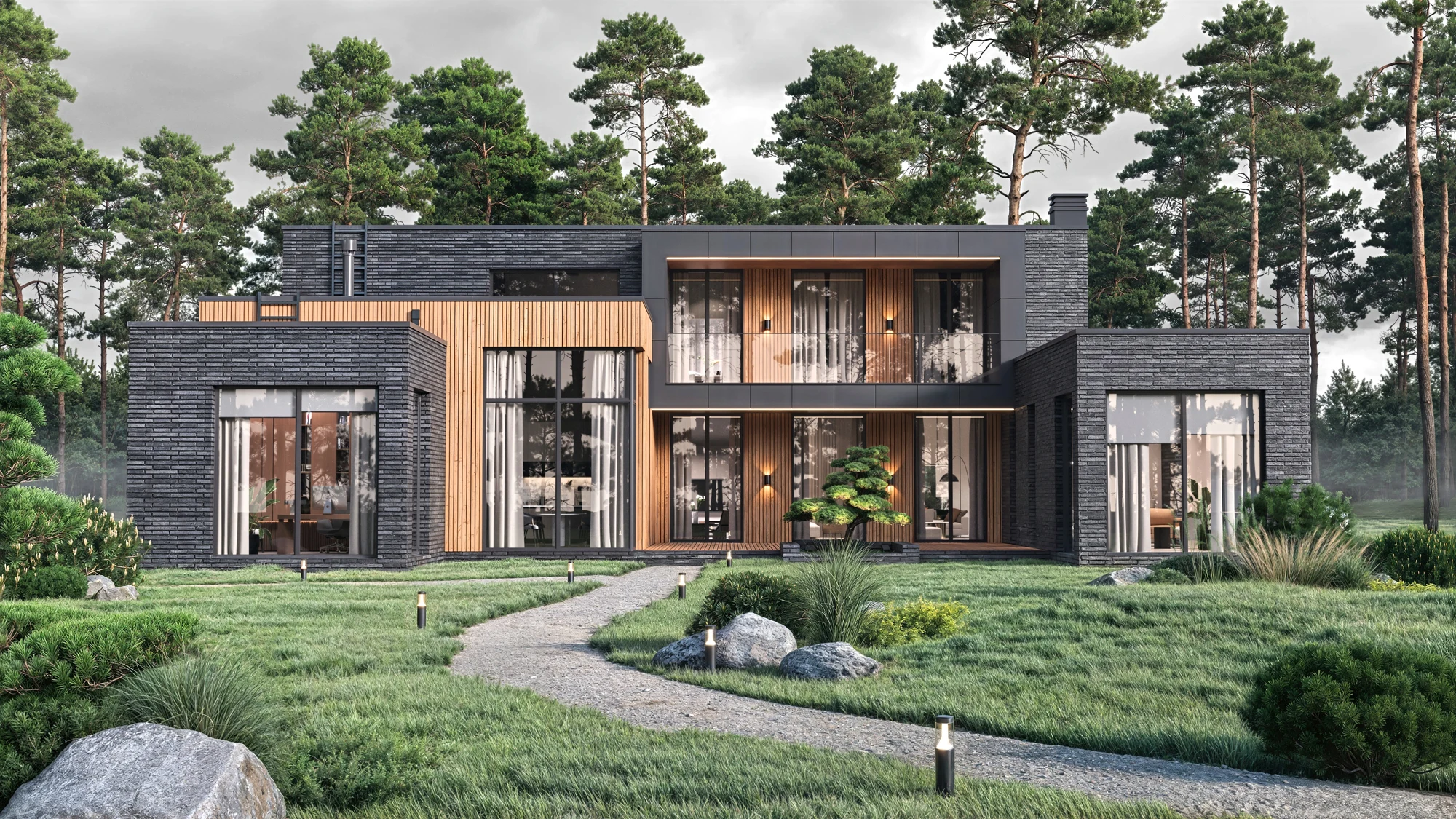 Garden-facing elevation of a modern villa with tall windows, timber panels and a landscaped lawn